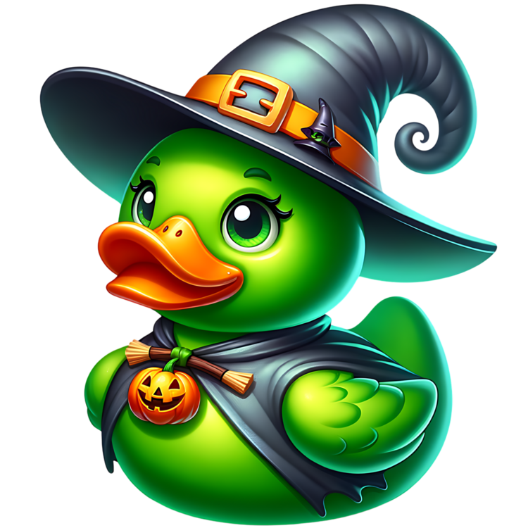 Groene heksenducky met gekrulde donkere puntmuts, oranje hoedband, cape, kleine bezem en een pompoenhanger.