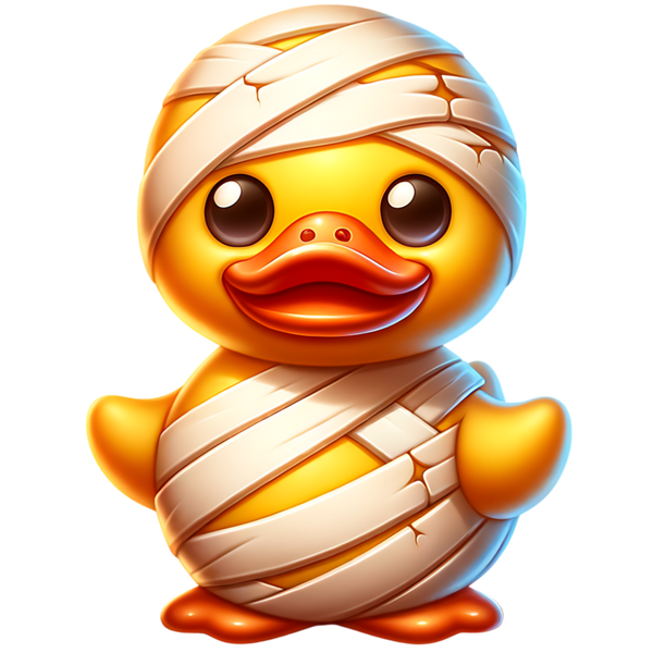 Gele mummieducky met grote bruine ogen, oranje snavel en crème verband om de kop en het lijf.