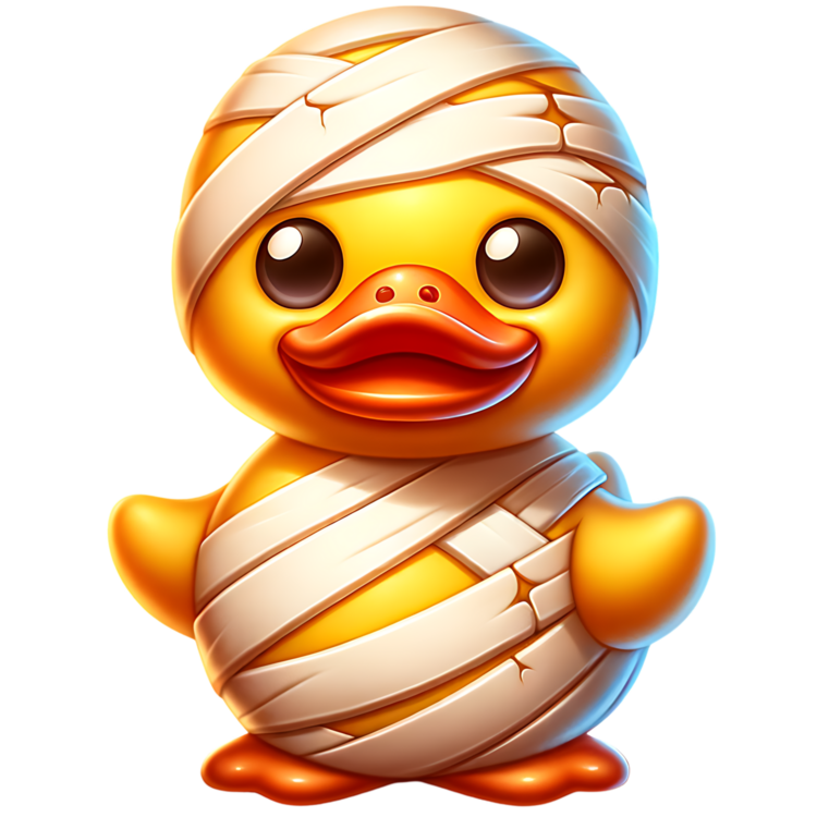 Gele mummieducky met grote bruine ogen, oranje snavel en crème verband om de kop en het lijf.