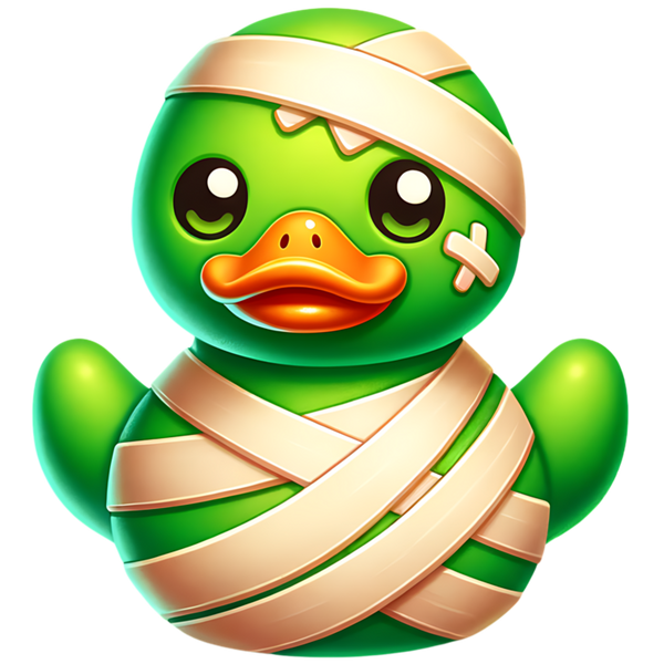 Groene mummieducky met oranje snavel, lichte verbandstroken om kop en lijf, een kruisvormige pleister op de wang en geheven vleugels.