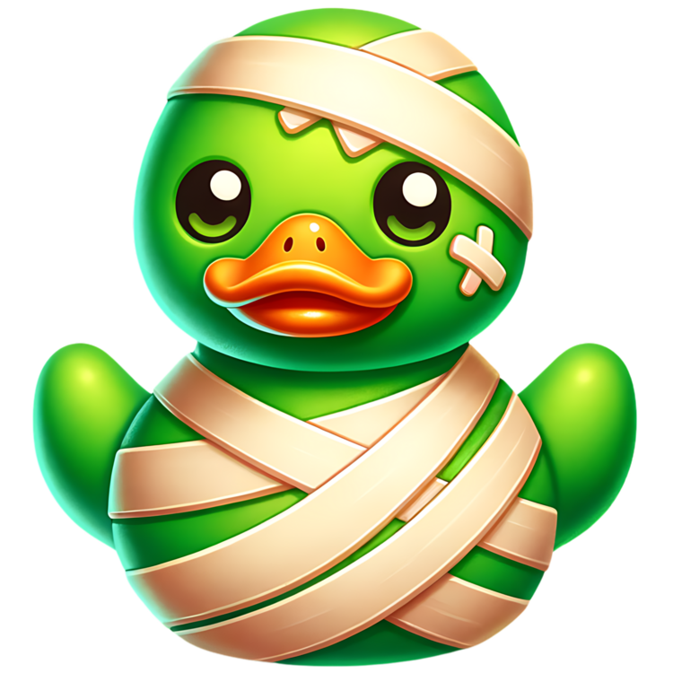 Groene mummieducky met oranje snavel, lichte verbandstroken om kop en lijf, een kruisvormige pleister op de wang en geheven vleugels.