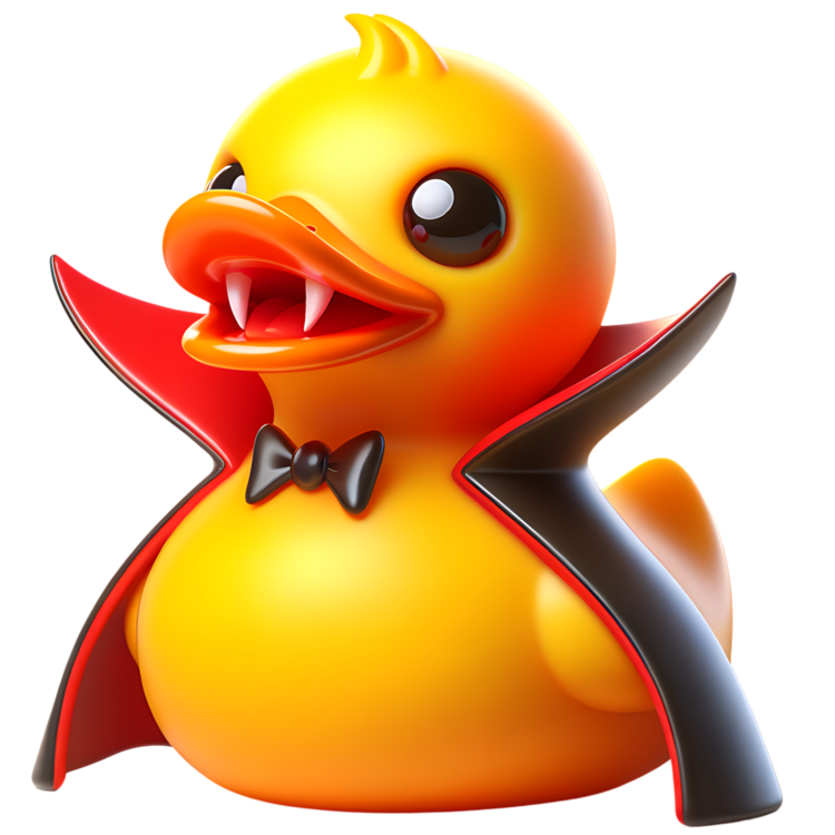 Gele vampierducky met een kuifje, twee witte hoektanden, zwarte vlinderdas en donkere cape met rode voering.