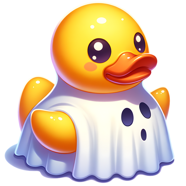 Gele ducky in een wit spookkostuum met twee donkere ogen en een rond mondje op de borst, met de kop en vleugels vrij.
