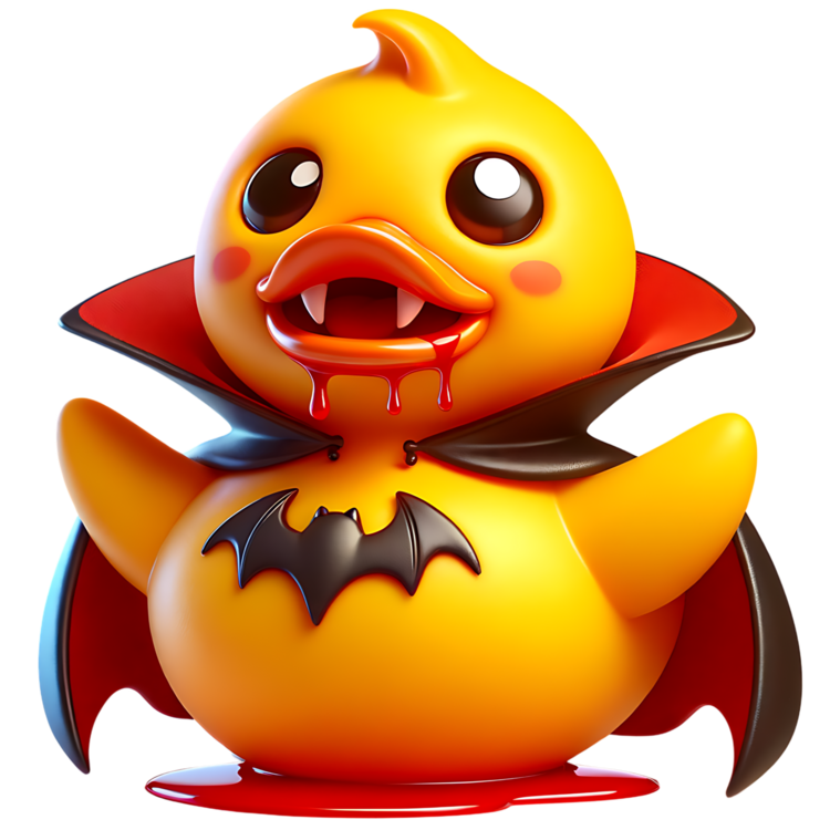 Gele vampierducky met hoektanden, rode druppels onder de snavel, een zwarte vleermuis op de borst en een zwart-rode cape.