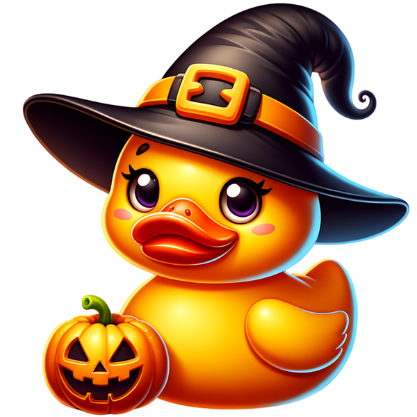 Gele ducky met paarse ogen en een donkere heksenhoed met oranje band en grote gesp, naast een lachende Halloween-pompoen.