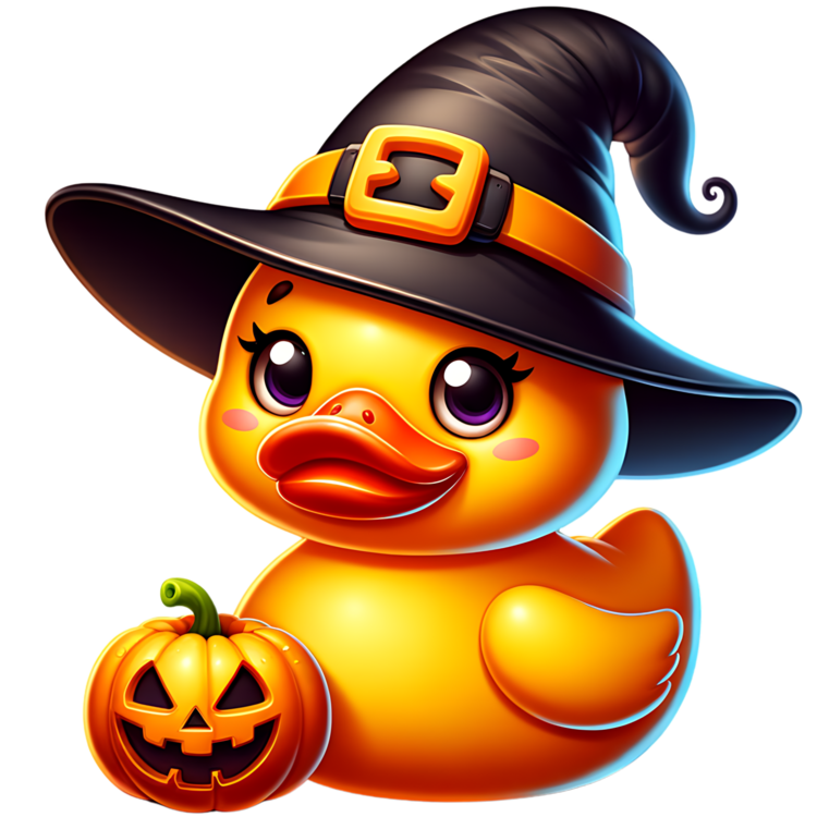 Gele ducky met paarse ogen en een donkere heksenhoed met oranje band en grote gesp, naast een lachende Halloween-pompoen.