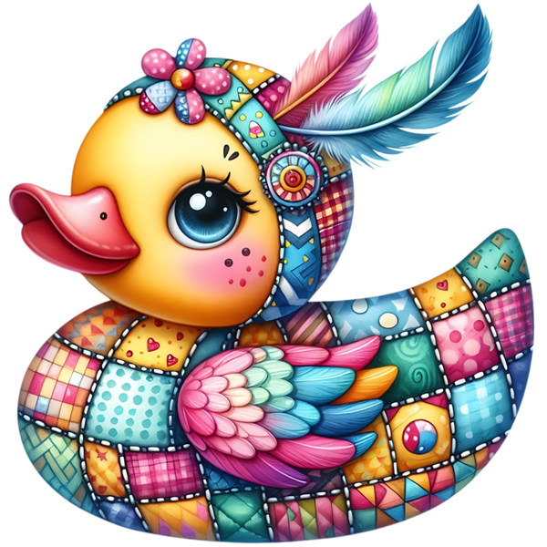 Gele ducky met roze snavel, kleurrijk patchworklijf, een bloem op de kop en lange roze en blauwe veren.