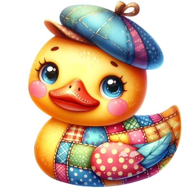 Gele ducky met blauwe patchworkbaret, roze wangen, oranje snavel, veelkleurig lijf en een roze vleugel met lichte stippen.