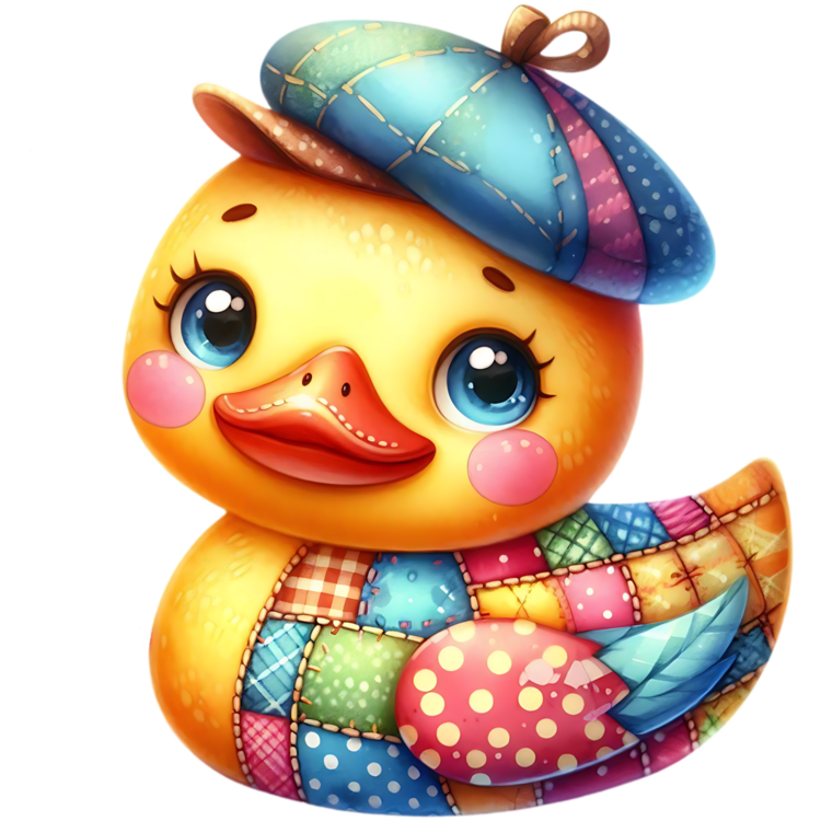Gele ducky met blauwe patchworkbaret, roze wangen, oranje snavel, veelkleurig lijf en een roze vleugel met lichte stippen.