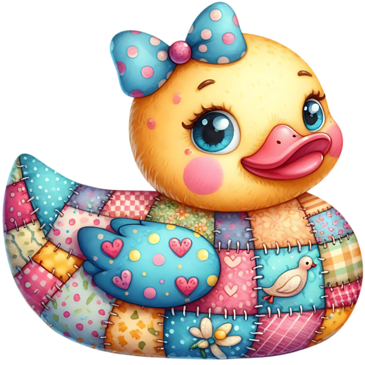 Gele patchworkducky met blauwe strik met roze stippen, roze snavel, blauwe vleugel met roze hartjes en een klein eendje op een turquoise vlak.