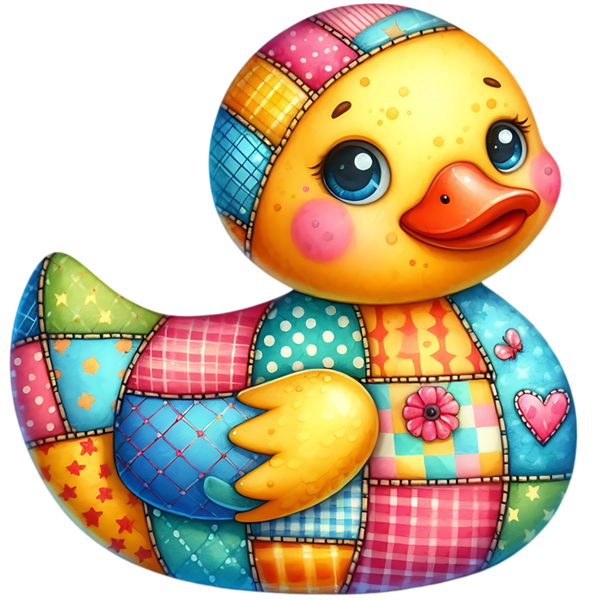Gele ducky met patchworkmutsje, blauwe ogen, oranje snavel, gele vleugel en een veelkleurig lijf met roze bloem en hart.