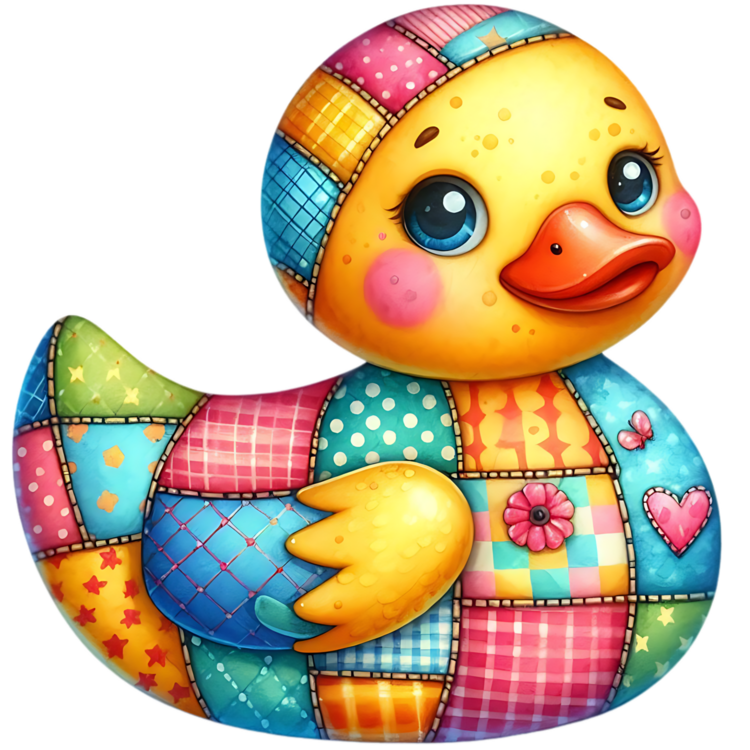 Gele ducky met patchworkmutsje, blauwe ogen, oranje snavel, gele vleugel en een veelkleurig lijf met roze bloem en hart.