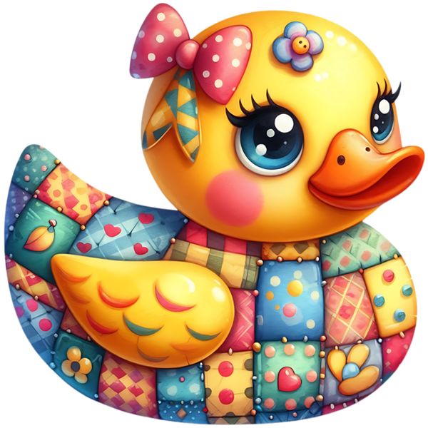 Gele ducky met grote blauwe ogen, roze stippenstrik, blauwe bloem op de kop en patchworklijf met gele vleugel en gekleurde boogjes.
