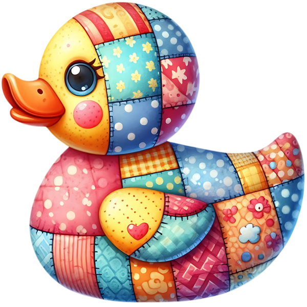 Patchworkducky van opzij met oranje snavel, roze wang, gekleurde vlakken over kop en lijf en een roze hartje op de gele vleugel.