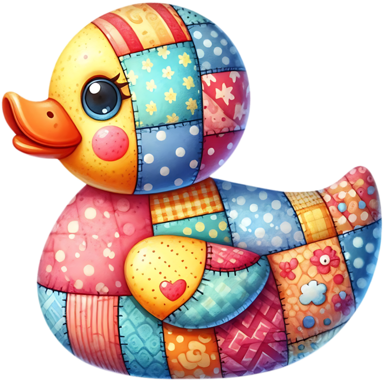 Patchworkducky van opzij met oranje snavel, roze wang, gekleurde vlakken over kop en lijf en een roze hartje op de gele vleugel.