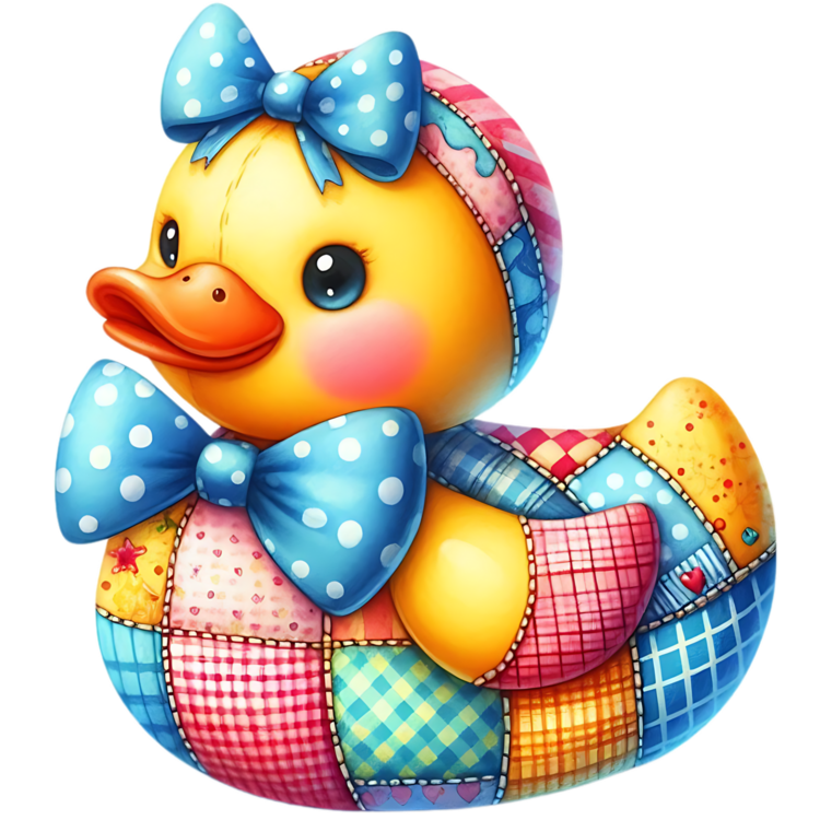 Gele patchworkducky met twee blauwe strikken met witte stippen, één op de kop en één bij de hals, en een gele vleugel.