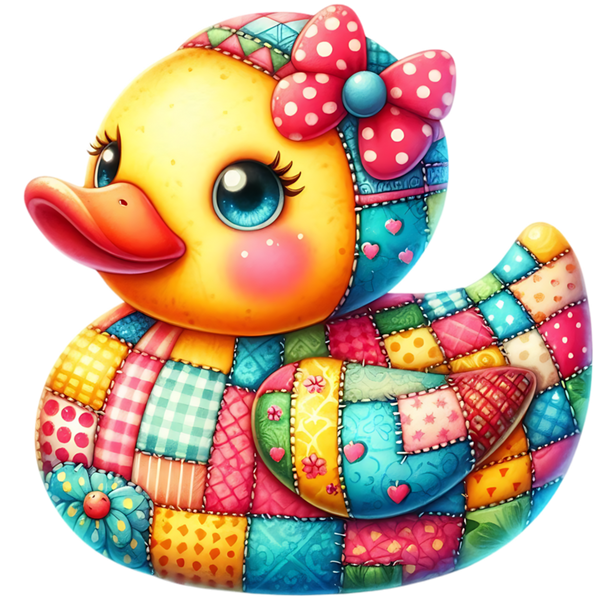 Gele patchworkducky met grote roze bloem met witte stippen en blauwe kern op de kop, roze wangen en bonte vleugel met hartjes en bloemen.