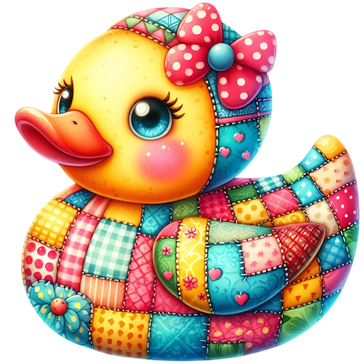 Gele patchworkducky met grote roze bloem met witte stippen en blauwe kern op de kop, roze wangen en bonte vleugel met hartjes en bloemen.