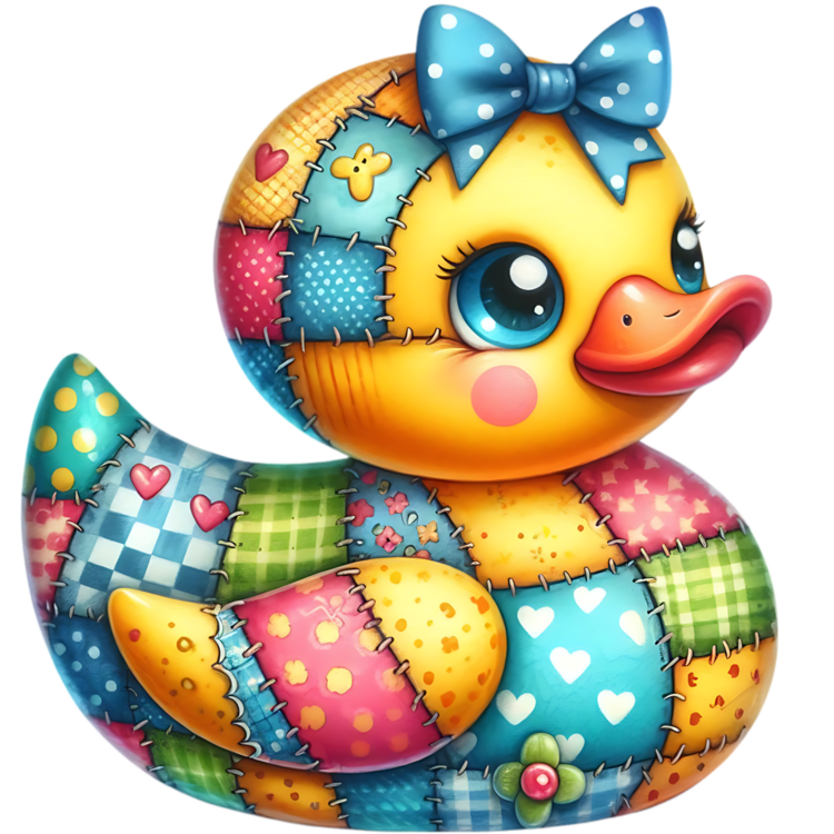 Gele ducky met blauwe strik met witte stippen en een patchworklijf met groene ruiten, roze vlakken en witte hartjes op turquoise.