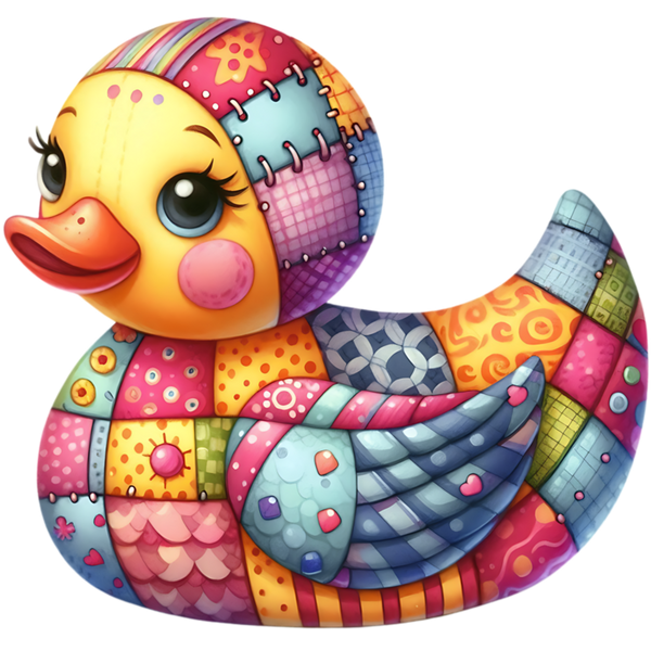 Gele patchworkducky met roze wang, oranje snavel, gekleurde vlakken over kop en lijf en een grote blauwe vleugel met gebogen strepen.