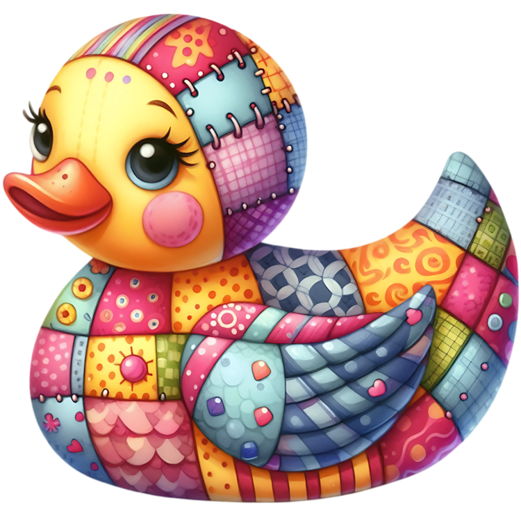 Gele patchworkducky met roze wang, oranje snavel, gekleurde vlakken over kop en lijf en een grote blauwe vleugel met gebogen strepen.