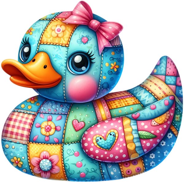 Blauwe patchworkducky met oranje snavel, roze strik, roze wangen en een roze gestippelde vleugel met een blauw hart.