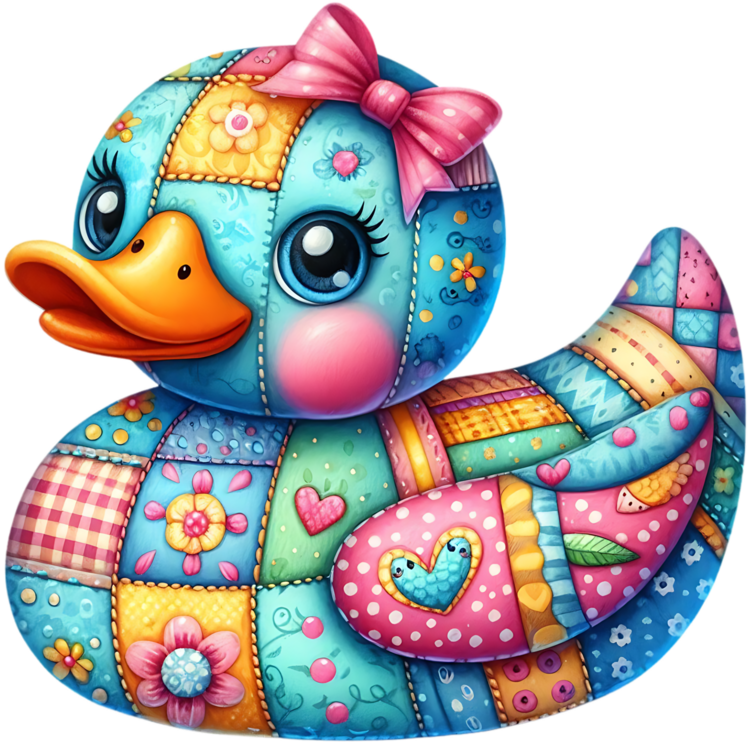 Blauwe patchworkducky met oranje snavel, roze strik, roze wangen en een roze gestippelde vleugel met een blauw hart.