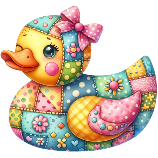 Gele knipogende ducky met roze stippenstrik, patchworkvlakken in groen, blauw, geel en roze en een roze vleugel met kleine hartjes.
