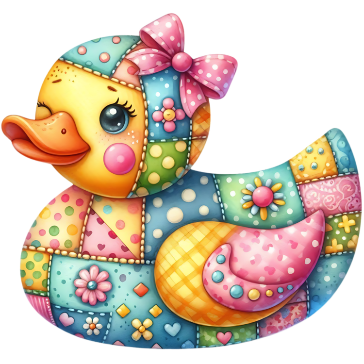 Gele knipogende ducky met roze stippenstrik, patchworkvlakken in groen, blauw, geel en roze en een roze vleugel met kleine hartjes.