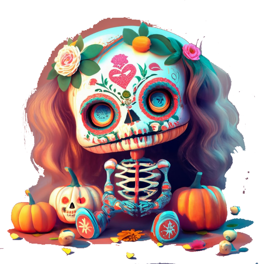 Zittende skeletpop met lang golvend haar, bloemen, een kleurrijk versierde schedel en pompoenen rondom.
