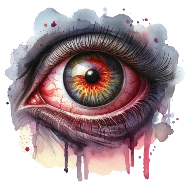 Illustratie van een oog met grijsbruine iris en oranje accenten, rode adertjes, donkere wimpers en grijze, paarse en rode verfspatten en druipers.