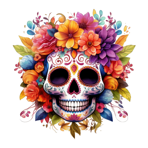 Witte versierde schedel omringd door een volle krans van oranje, roze, paarse en blauwe bloemen en groene bladeren.