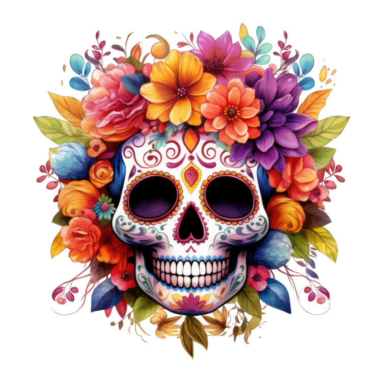 Witte versierde schedel omringd door een volle krans van oranje, roze, paarse en blauwe bloemen en groene bladeren.