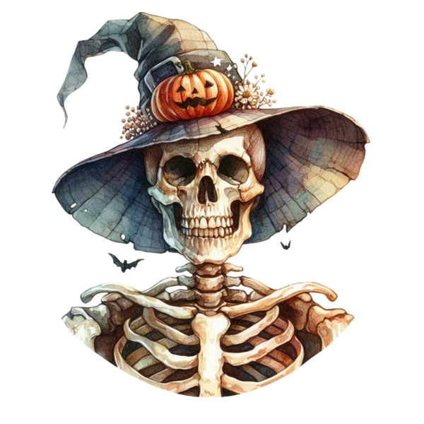 Skeletbuste met brede kromme heksenhoed, een kleine pompoen en bloemen op de hoed, met twee zwarte vleermuizen ernaast.