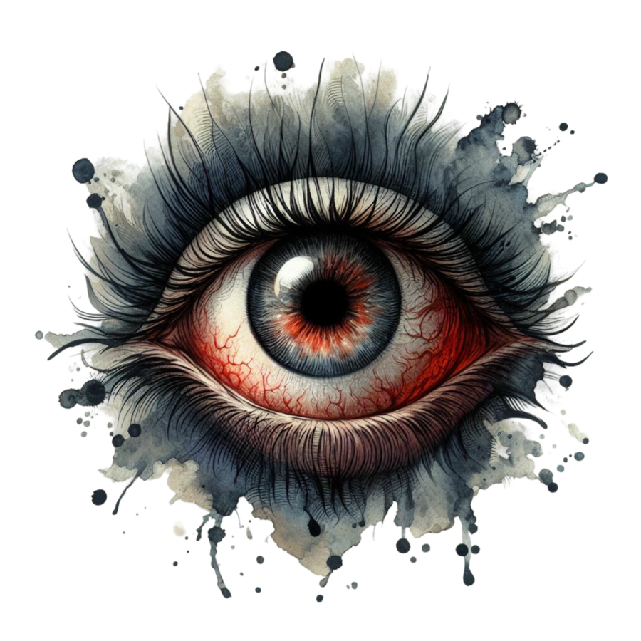 Oog met grijsblauwe iris, rood-oranje accenten, rode adertjes, lange zwarte wimpers en grijze en zwarte verfspatten rondom.