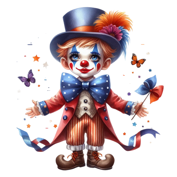 Vrolijke clown met rode neus en jas, blauwe stippenstrik, gestreepte broek, hoge hoed met veren en een windmolentje, omringd door vlinders en sterren.
