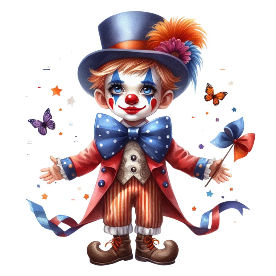 Vrolijke clown met rode neus en jas, blauwe stippenstrik, gestreepte broek, hoge hoed met veren en een windmolentje, omringd door vlinders en sterren.