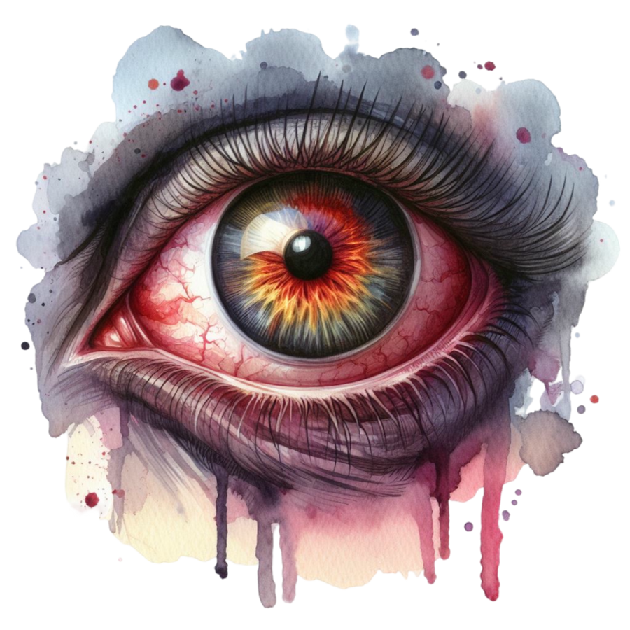 Illustratie van een oog met grijsbruine iris en oranje accenten, rode adertjes, donkere wimpers en grijze, paarse en rode verfspatten en druipers.
