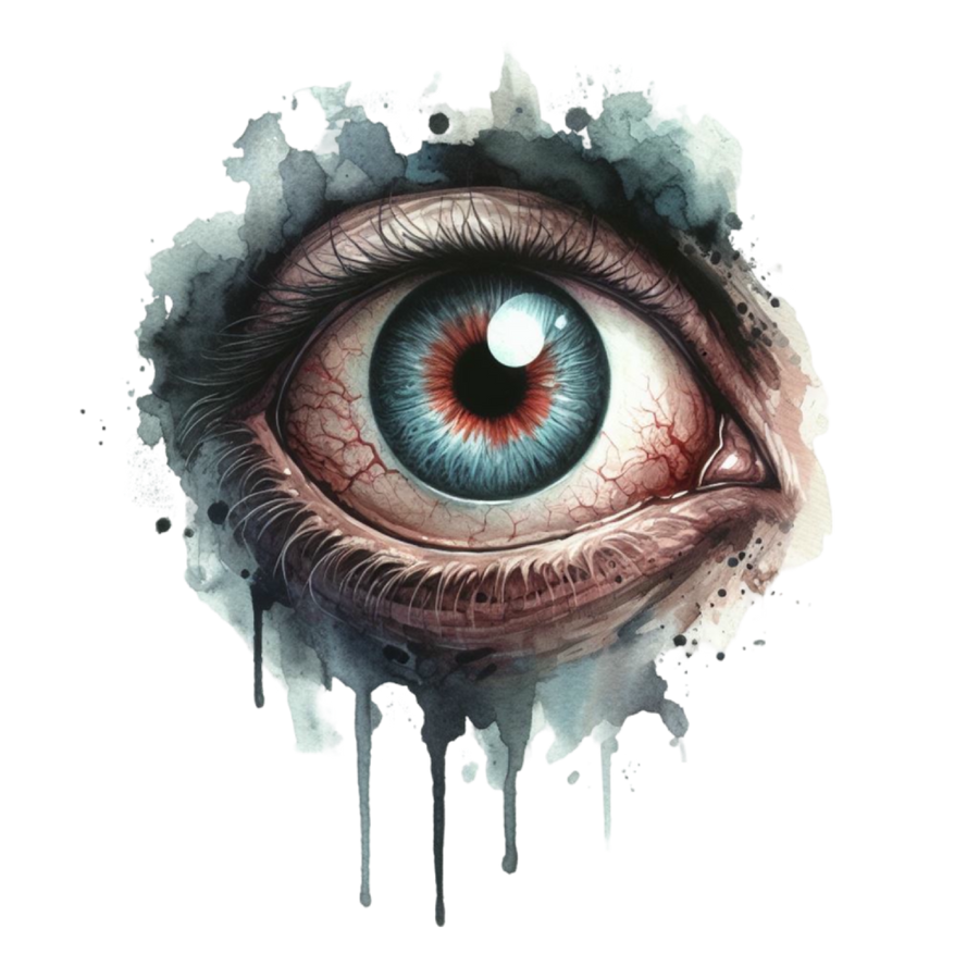 Oog met blauwgrijze iris, roodbruine ring rond de pupil, rode adertjes en donkere aquarelvlekken met lange druppels eronder.